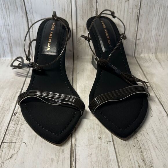 Good American Women’s Black Neoprene Pointy Toe Strappy Clear Heel Shoes size 7 - Picture 3 of 11